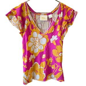 Maeve by Anthropologie XSP Pink Yellow Floral Ruffle Sleeve V-Neck Cotton Modal